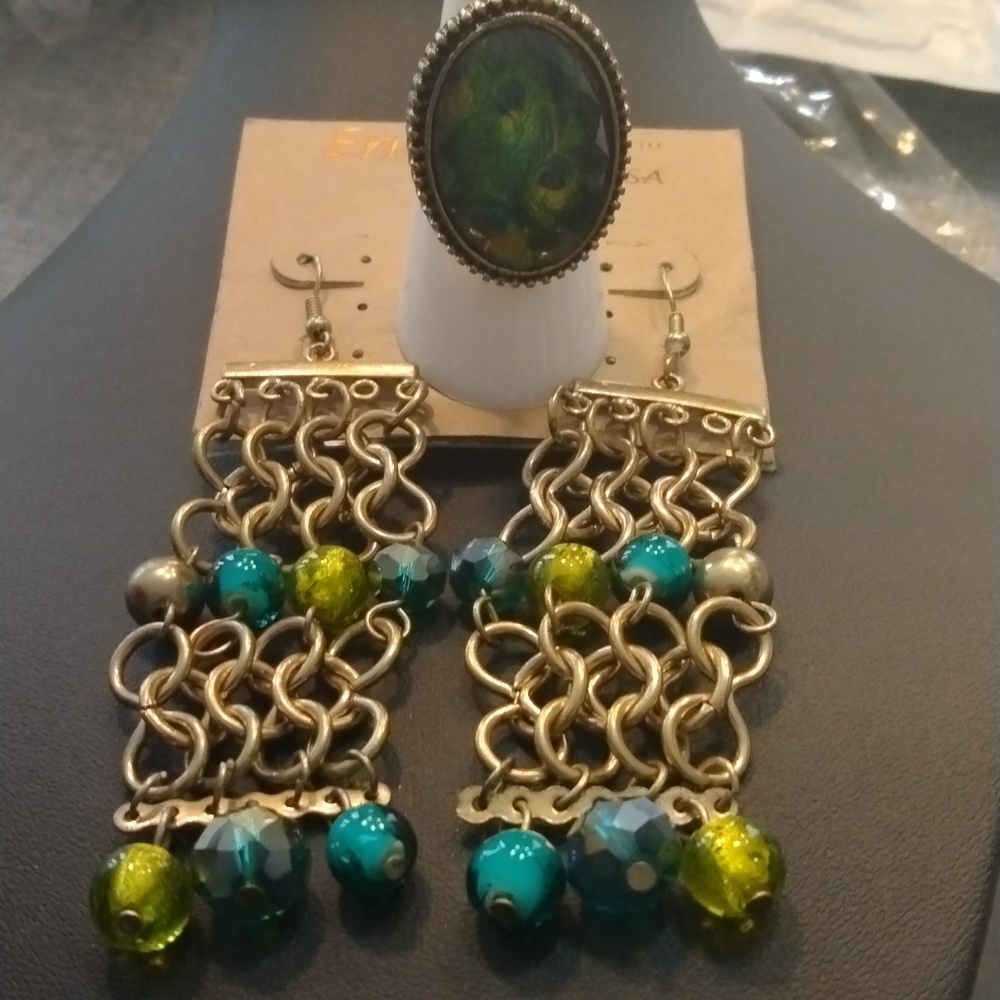 Bundle Peacock Adjustable Ring And Dangling Earri… - image 1